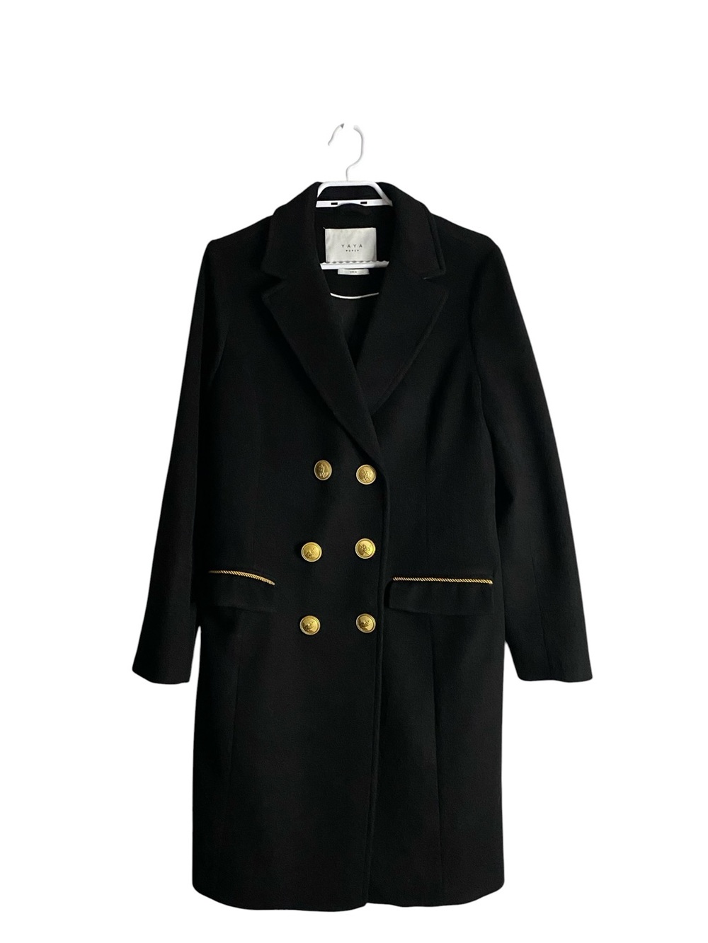 Yaya Women's Black Double-Breasted Gold Detail Button Wool Trench Coat